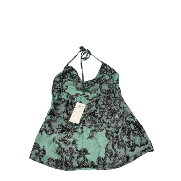 NWT! Hot & Delicious Halter Top Womens Green Damask Print Flowy V-Neck Size S - Picture 2 of 7